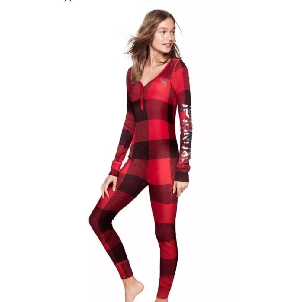Victoria's Secret VS PINK Bling Plaid Sequin Thermal Waffle One Piece Jumpsuit